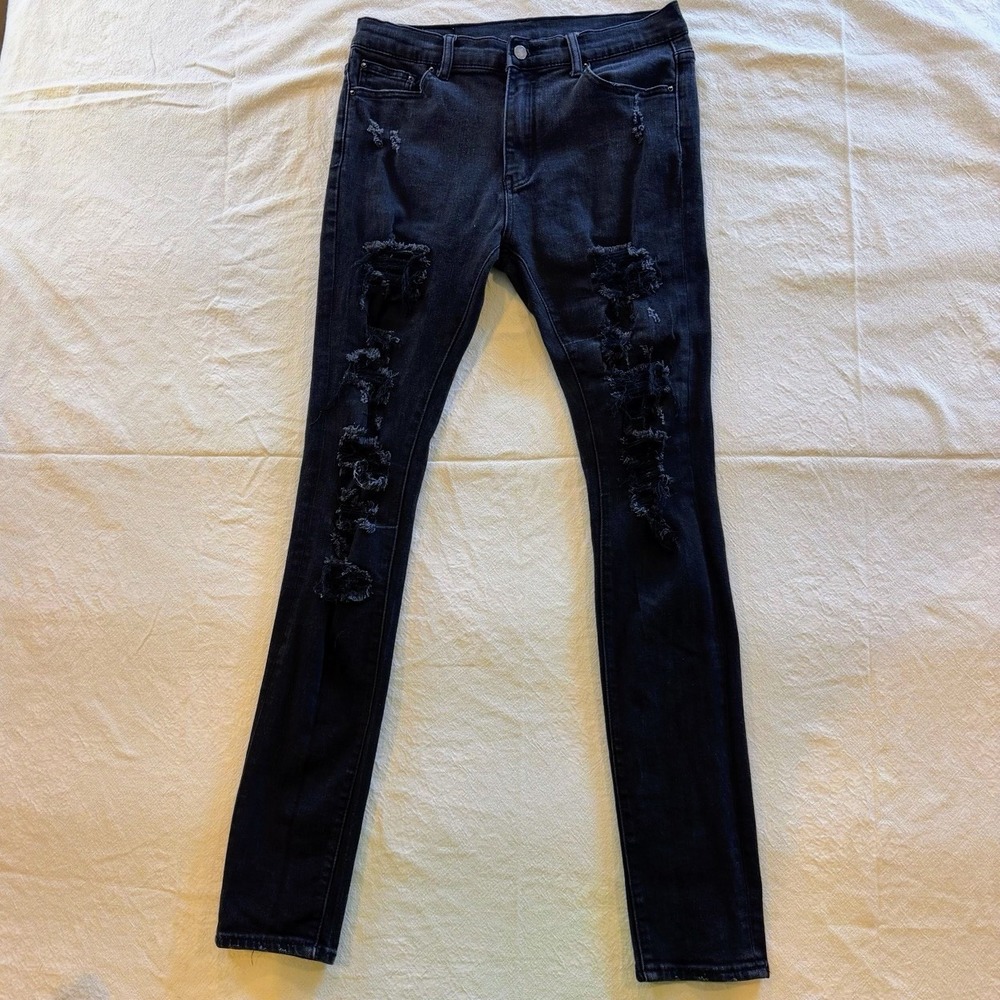 mnml Jeans Mens 33x34 Black Distressed Skinny Stretch Denim Streetwear Stacked